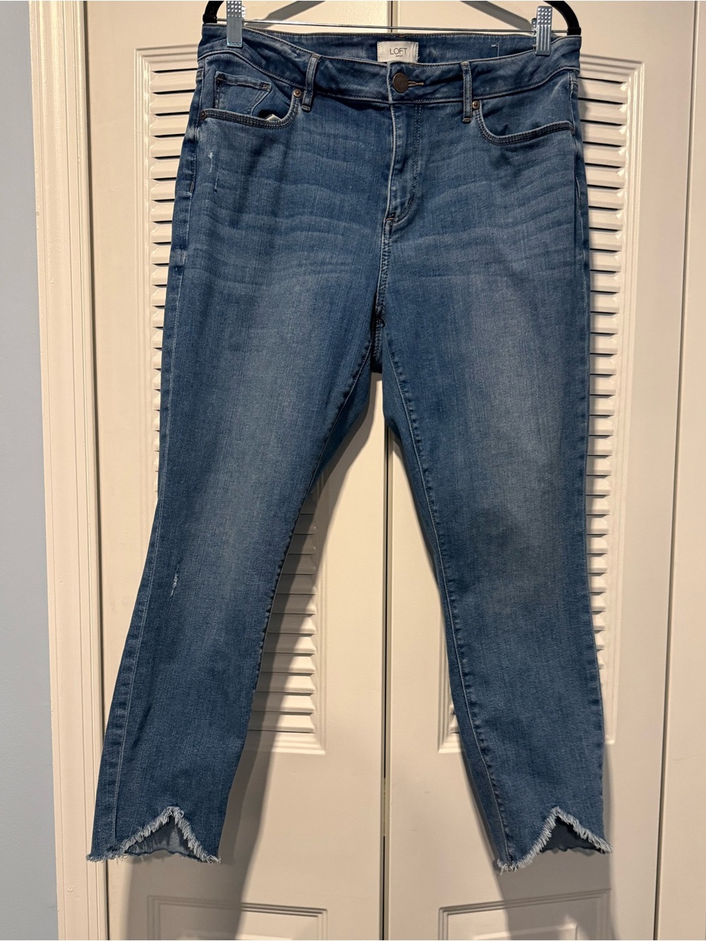 LOFT Mid-Blue Cropped Jeans with Frayed V-Hem